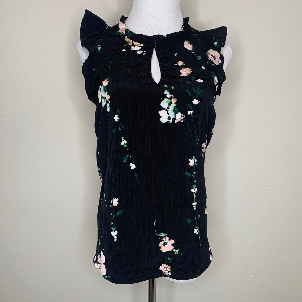 Lauren Conrad XS Black Crinkle Blouse Sleeveless Ruffle